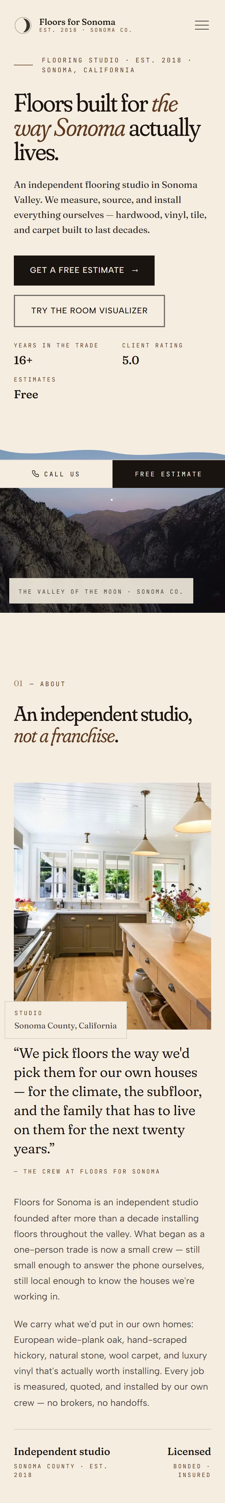 Warm editorial flooring-studio homepage design, mobile view